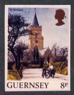 Guernsey 1984 Pictorial def 8p full colour imperf die proof on Cromalin plastic card with QUESTA printed on the back, exceptionally rare (ex archives) as SG303, stamps on tourism, stamps on churches