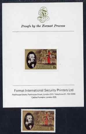 Zambia 1979 Rowland Hill 32n imperf proof mounted on Format International Proof card plus issued stamp, SG 297, stamps on , stamps on  stamps on postal, stamps on  stamps on rowland hill, stamps on  stamps on bicycles, stamps on  stamps on postal, stamps on  stamps on postman