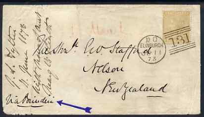 Great Britain 1873 cover to New Zealand bearing QV 9d plate 4 tied by superb Edinburgh 131 cancel, two NZ backstamps, SG98 cat A31,000 on cover, stamps on , stamps on  stamps on , stamps on  stamps on  qv , stamps on  stamps on , stamps on  stamps on scots, stamps on  stamps on scotland