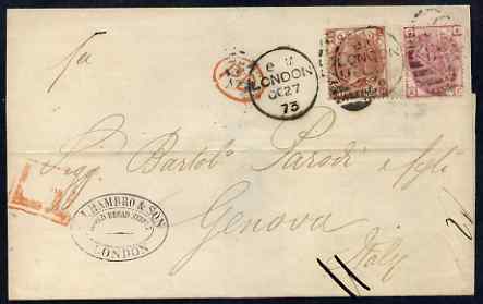 Great Britain 1873 wrapper to Italy bearing 3d (plate 11) and 10d (plate 1) each with CIH &S perfin (C I Hambrow & Son) slight surface damage to 3d otherwise fine, 10d ca..., stamps on , stamps on  qv , stamps on 
