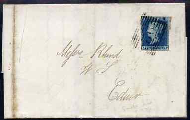 Great Britain 1847 entire Cupar to Edinburgh bearing 2d blue plate 3 4-margin with superb Cubar - Fife  town stamp on back in YELLOW, stamps on , stamps on  qv , stamps on , stamps on scots, stamps on scotland