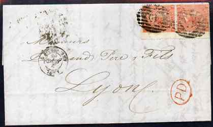 Great Britain 1866 entire to Lyon, France bearing pair 4d vermilion plate 8 well tied, neat and clean, stamps on , stamps on  stamps on , stamps on  stamps on  qv , stamps on  stamps on 