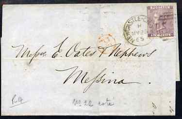 Great Britain 1865 wrapper to Messina, Italy bearing 6d lilac plate 4 (with hair lines) well tied by Newcastle on Tyne cds, fine, cat \A3275 in cover, stamps on , stamps on  qv , stamps on 