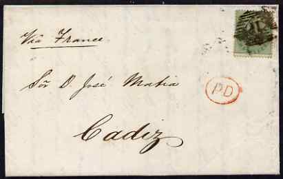 Great Britain 1857 entire to Cadiz bearing 1s green, SG72, stamps on , stamps on  stamps on , stamps on  stamps on  qv , stamps on  stamps on 