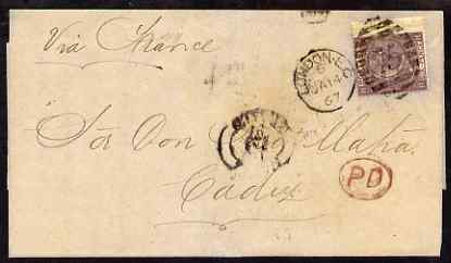 Great Britain 1867 entire to Cadiz bearing 6d plate 5, SG97, stamps on , stamps on  qv , stamps on 