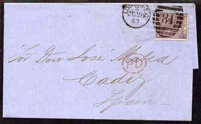 Great Britain 1867 entire to Cadiz bearing 6d plate 6, SG97, stamps on , stamps on  qv , stamps on 
