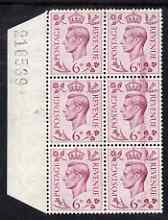 Great Britain 1937-47 KG6 6d marginal block of 6 with fine Doctor Blade flaw affecting 3 stamps, unmounted mint, stamps on , stamps on  kg6 , stamps on 