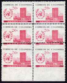 Colombia 1960 UN Day 20c marginal block of 6 with major perf variety, 2 stamps with perfs passing through inscription, and two imperf between stamp & margin, unmounted mint and scarce, stamps on , stamps on  stamps on united nations