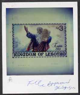 Lesotho 1984 Easter unique photo proof of 3m (this is the design used for the m/sheet but the value was changed to 1m50, backstamped with official handstamp and signed, stamps on , stamps on  stamps on religion, stamps on  stamps on easter, stamps on  stamps on judaica