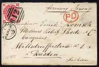 Great Britain 1872 cover to Dresden bearing 3d plate 7 (SG 102), stamps on 