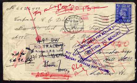 Great Britain 1942 outstanding cover to India redirected with boxed NO TRACE applied as a label, plus NOT AT ADDRESS STATED and boxed RETURN TO SENDER cachets, reverse sh..., stamps on , stamps on  kg6 , stamps on  ww2 , stamps on 