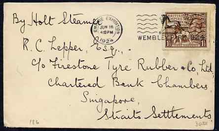 Great Britain 1924 cover to Straits Settlements bearing Wembley 1.5d brown with fine Exhibition cancel, endorsed 'By Holt Steamer', stamps on , stamps on  stamps on exhibitions