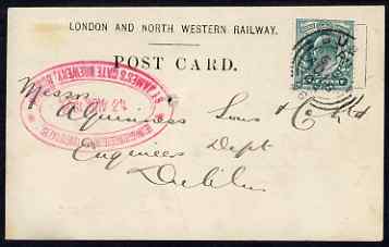 Great Britain 1904 London & North Western Railway card to St James Gate Brewery, Dublin, stamps on railways, stamps on beer, stamps on alcohol.