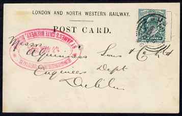 Great Britain 1904 London & North Western Railway card to St James Gate Brewery, Dublin, stamps on , stamps on  stamps on railways, stamps on  stamps on beer, stamps on  stamps on alcohol.