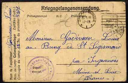Germany 1918 Prisoner of War card from wickau Camp, Sazony to France, various markings including the unusual impressed albino censor stamp., stamps on , stamps on  ww1 , stamps on militaria