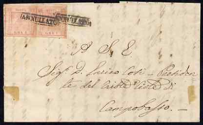 Italy - Naples 1859 entire bearing two x 1grano ahesives well tied by straight line ANNULLATO, stamps a little faded but attractive item, stamps on 
