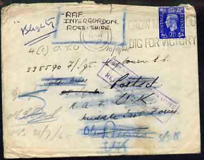 Great Britain 1941 Forces cover addressed to Middle East Force but marked Return to Sender, a little soiled but attractive, stamps on 