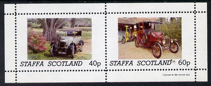 Staffa 1981 Vintage Cars #1 perf  set of 2 values (Motorbike & Petrol pump in background) unmounted mint, stamps on , stamps on  stamps on cars, stamps on motorbikes, stamps on  stamps on  oil , stamps on  stamps on 