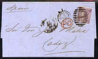 Great Britain 1867 6d pl.6 on entire to Cadiz nicely tied, SG97, stamps on 