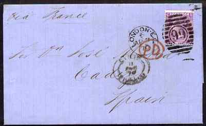Great Britain 1869 6d pl.8 on entire to Cadiz nicely tied, SG108/9, stamps on , stamps on  stamps on great britain 1869 6d pl.8 on entire to cadiz nicely tied, stamps on  stamps on  sg108/9