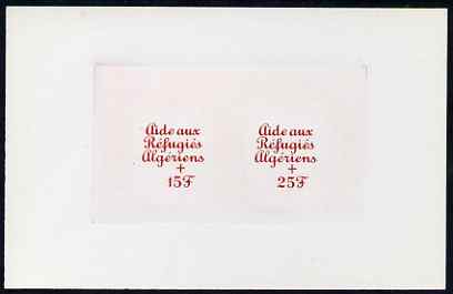Guinea - Conakry 1962 die proof of two overprints for Refugee Aid in red on sunken card, a great rarity, stamps on refugees, stamps on 