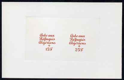 Guinea - Conakry 1962 die proof of two overprints for Refugee Aid in orange on sunken card, a great rarity, stamps on refugees, stamps on 
