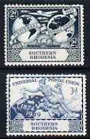 Southern Rhodesia 1949 KG6 75th Anniversary of Universal Postal Union set of 2 mounted mint, SG 68-9, stamps on , stamps on  stamps on , stamps on  stamps on  kg6 , stamps on  stamps on  upu , stamps on  stamps on 