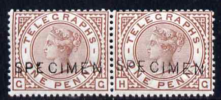 Great Britain 1876 QV Telegraph 1d horizontal pair overprinted SPECIMEN, two marks on gummed side of one otherwise unmounted mint and scarce in multiples, SG L202s, stamps on , stamps on  qv , stamps on 