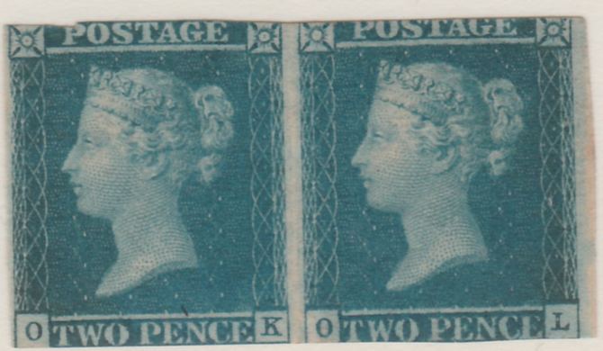 Great Britain 1841 QV 2d blue horiz pair OK-OL slightly cut top & bottom margins but fresh and good looking showing fine Ivory Head on reverse, SG14 cat A38,500 as  singles, stamps on , stamps on  stamps on , stamps on  stamps on  qv , stamps on  stamps on 