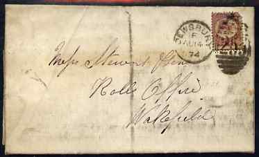 Great Britain 1874 1/2d rose-red Pl.6 on entire Dewsbury to Wakefield, stamp damaged, stamps on 