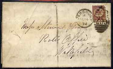 Great Britain 1874 1/2d rose-red Pl.6 on entire Dewsbury to Wakefield, stamp damaged, stamps on , stamps on  stamps on great britain 1874 1/2d rose-red pl.6 on entire dewsbury to wakefield, stamps on  stamps on  stamp damaged