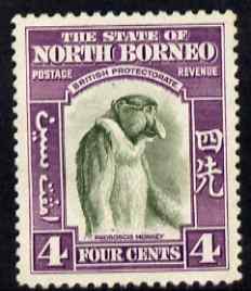 North Borneo 1939 Proboscis Monkey 4c (from def set) lightly mounted mint, SG 306, stamps on animals, stamps on apes