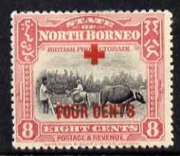 North Borneo 1918 Ploughing with Buffalo 8c + 4c (Red Cross Fund) mounted mint, SG 241, stamps on animals, stamps on buffaloes, stamps on bovine, stamps on ploughing, stamps on red cross