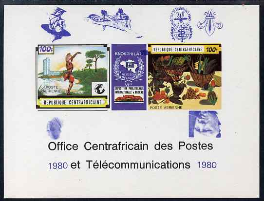 Central African Republic 1980 opt on 1970 'Knokphila 70' Stamp Exhibition 100f triptych deluxe proof card in full issued colours (as SG 223-4) opt'd in blue inverted showing Scout & Malaria logos, Concorde, Baden Powell, Churchill & Pope , stamps on fruit, stamps on stamp exhibitions, stamps on scouts, stamps on churchill, stamps on concorde, stamps on pope, stamps on malaria, stamps on diseases, stamps on aviation, stamps on 