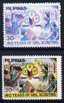Philippines 1980 40th Anniversary of Girl Scouting 2p with yellow omitted plus normal. both unmounted mint SG 1588var, stamps on scouts, stamps on guides