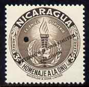 Nicaragua 1954 United Nations Organisation 3c Air perf printer's sample in unissued colour (brown instead of magenta) with security punch hole and overprinted Waterlow & Sons Limited, Specimen, unmounted mint as SG 1202, stamps on , stamps on  stamps on united nations, stamps on  stamps on 