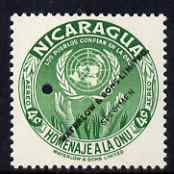 Nicaragua 1954 United Nations Organisation 4c Air perf printer's sample in unissued colour (green instead of red-orange) with security punch hole and overprinted Waterlow & Sons Limited, Specimen, unmounted mint as SG 1203, stamps on , stamps on  stamps on united nations, stamps on  stamps on 