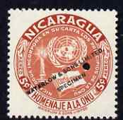 Nicaragua 1954 United Nations Organisation 5c Air perf printer's sample in unissued colour (orange-brown instead of scarlet) with security punch hole and overprinted Waterlow & Sons Limited, Specimen, unmounted mint as SG 1204, stamps on , stamps on  stamps on united nations, stamps on  stamps on 