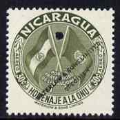 Nicaragua 1954 United Nations Organisation 30c Air perf printer's sample in unissued colour (olive instead of carmine) with security punch hole and overprinted Waterlow & Sons Limited, Specimen, unmounted mint as SG 1205, stamps on , stamps on  stamps on united nations, stamps on  stamps on flags