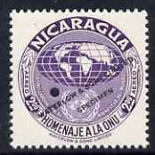 Nicaragua 1954 United Nations Organisation 2cor Air perf printer's sample in unissued colour (purple instead of crimson) with security punch hole and overprinted Waterlow & Sons Limited, Specimen, unmounted mint as SG 1206, stamps on , stamps on  stamps on united nations, stamps on  stamps on globes