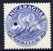 Nicaragua 1954 United Nations Organisation 3cor Air perf printer's sample in unissued colour (blue instead of chestnut) with security punch hole and overprinted Waterlow & Sons Limited, Specimen, unmounted mint as SG 1207, stamps on , stamps on  stamps on united nations, stamps on  stamps on 