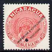 Nicaragua 1954 United Nations Organisation 5cor Air perf printer's sample in unissued colour (red instead of deep purple) with security punch hole and overprinted Waterlow & Sons Limited, Specimen, unmounted mint as SG 1208, stamps on , stamps on  stamps on united nations, stamps on  stamps on 