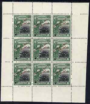 Mozambique Company 1918-24 Cotton Plants 8c perf 12.5 printer's sample in black & green (instead of black & lilac) in complete sheetlet of 9 (from specially made plates) each with security punch hole and overprinted Waterlow & Sons Ltd, Specimen, without gum as SG 209B, stamps on , stamps on  stamps on cotton