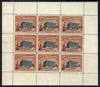 Mozambique Company 1918-24 Law Court 20c perf 12.5 printer's sample in black & brown (instead of black & green) in complete sheetlet of 9 (from specially made plates) each with security punch hole and overprinted Waterlow & Sons Ltd, Specimen, without gum as SG 212B, stamps on legal, stamps on  law , stamps on judicial