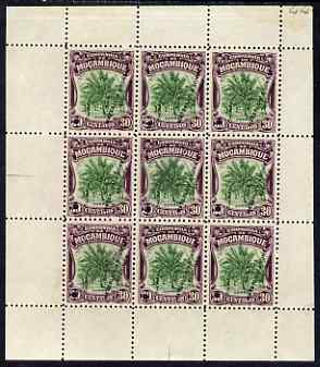 Mozambique Company 1918-24 Coconut Palm 30c perf 12.5 printer's sample in green & purple (instead of black & brown) in complete sheetlet of 9 (from specially made plates) each with security punch hole and overprinted Waterlow & Sons Ltd, Specimen, without gum as SG 213B, stamps on , stamps on  stamps on trees, stamps on  stamps on coconuts, stamps on  stamps on 