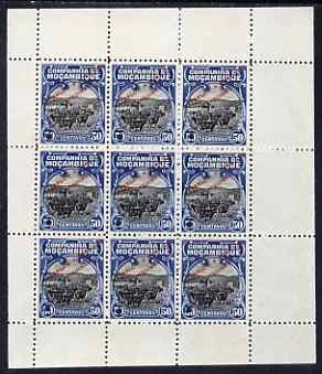 Mozambique Company 1918-24 Cattle Breeding 50c perf 12.5 printer's sample in black & blue (instead of black & orange) in complete sheetlet of 9 (from specially made plates) each with security punch hole and overprinted Waterlow & Sons Ltd, Specimen, without gum as SG 215B, stamps on , stamps on  stamps on animals, stamps on  stamps on cattle, stamps on  stamps on bovine