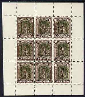 Mozambique Company 1918-24 Rubber 1.5c perf 12.5 printer's sample in green & brown (instead of green & black) in complete sheetlet of 9 (from specially made plates) each with security punch hole and overprinted Waterlow & Sons Ltd, Specimen, without gum as SG 202B, stamps on , stamps on  stamps on trees, stamps on  stamps on rubber