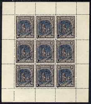 Mozambique Company 1918-24 Rubber 1.5c perf 12.5 printers sample in blue & purple-brown (instead of green & black) in complete sheetlet of 9 (from specially made plates) ..., stamps on trees, stamps on rubber