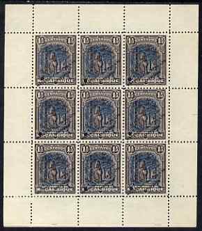 Mozambique Company 1918-24 Rubber 1.5c perf 12.5 printers sample in blue & purple-brown (instead of green & black) in complete sheetlet of 9 (from specially made plates) ..., stamps on trees, stamps on rubber