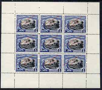 Mozambique Company 1918-24 Native Village 1/4c perf 12.5 printers sample in black & blue (instead of green & brown) in complete sheetlet of 9 (from specially made plates)..., stamps on 